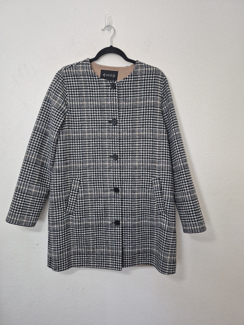 Nanette Lepore Black & White Houndstooth Plaid Wool Blend Collarless Coat
